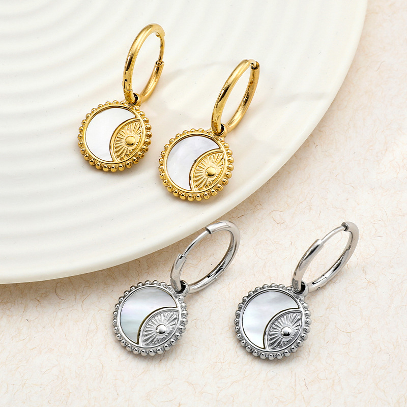 Geometric Drop Earrings For Women In Stainless Steel With Shell Inlay Featuring Electroplated Design