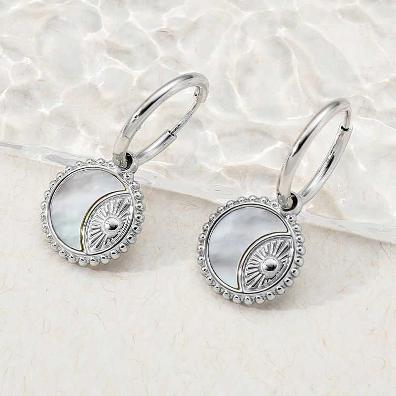 Geometric Drop Earrings For Women In Stainless Steel With Shell Inlay Featuring Electroplated Design 2