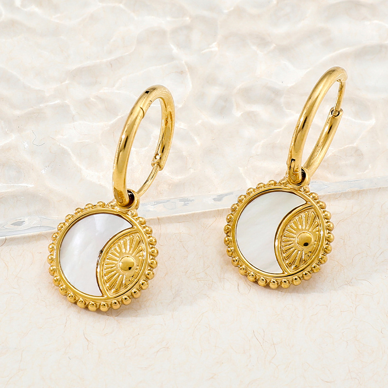 Geometric Drop Earrings For Women In Stainless Steel With Shell Inlay Featuring Electroplated Design 3