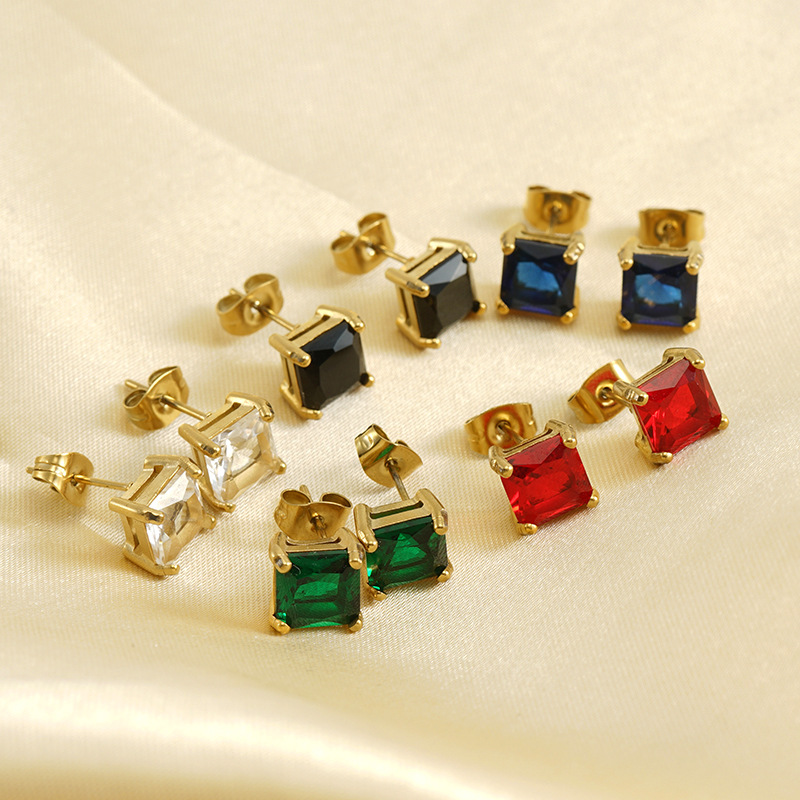 Geometric Waterproof Non Tarnish Earrings For Women, 18K Gold Plated 304 Stainless Steel With Zircon Inlay, PVD Coated Stud Earrings