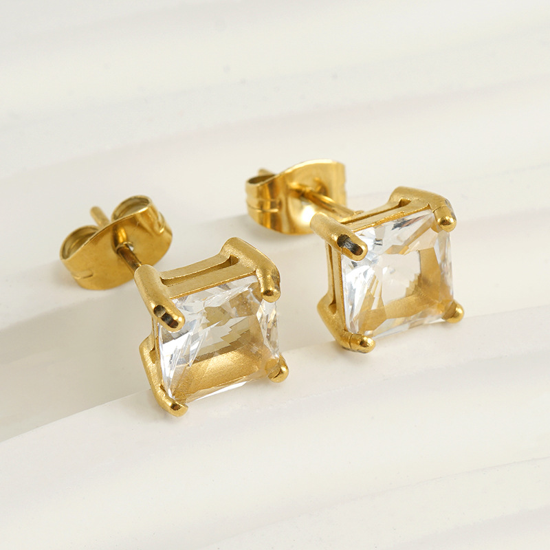 Geometric Waterproof Non Tarnish Earrings For Women, 18K Gold Plated 304 Stainless Steel With Zircon Inlay, PVD Coated Stud Earrings 2