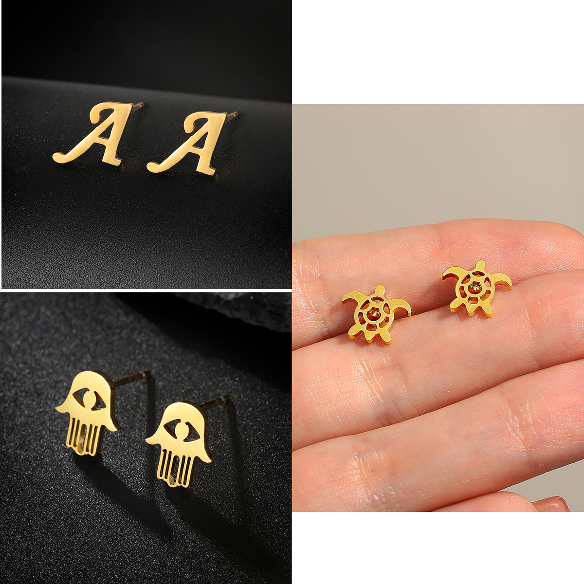 Unisex Tortoise Stud Earrings In Casual Style Featuring 18K Gold Plated 201 Stainless Steel Material