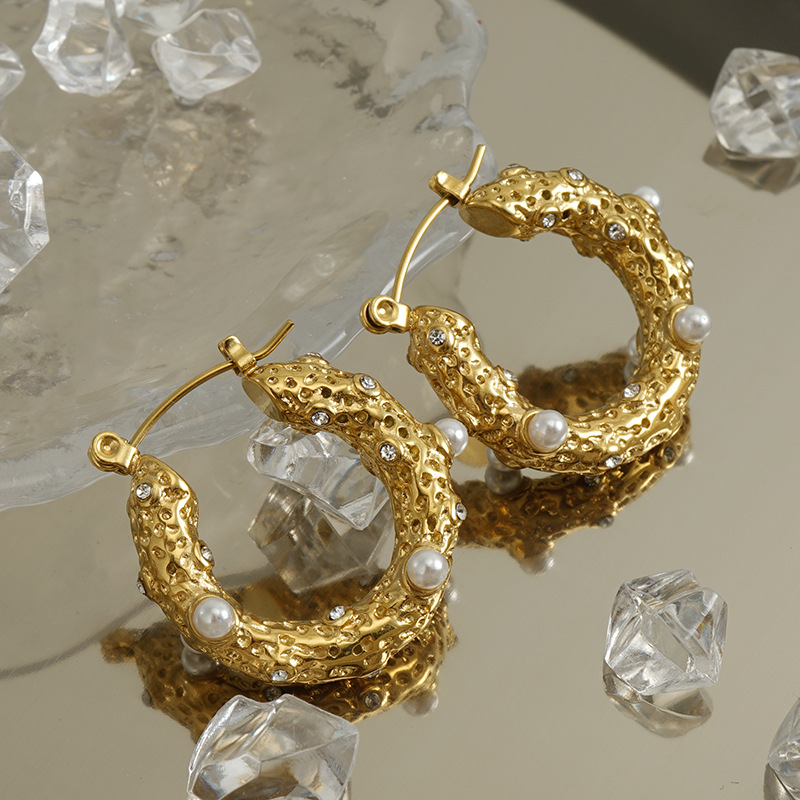 U Shape Earrings For Women With Inlay Artificial Pearl, 18K Gold Plated 304 Stainless Steel, PVD Coated