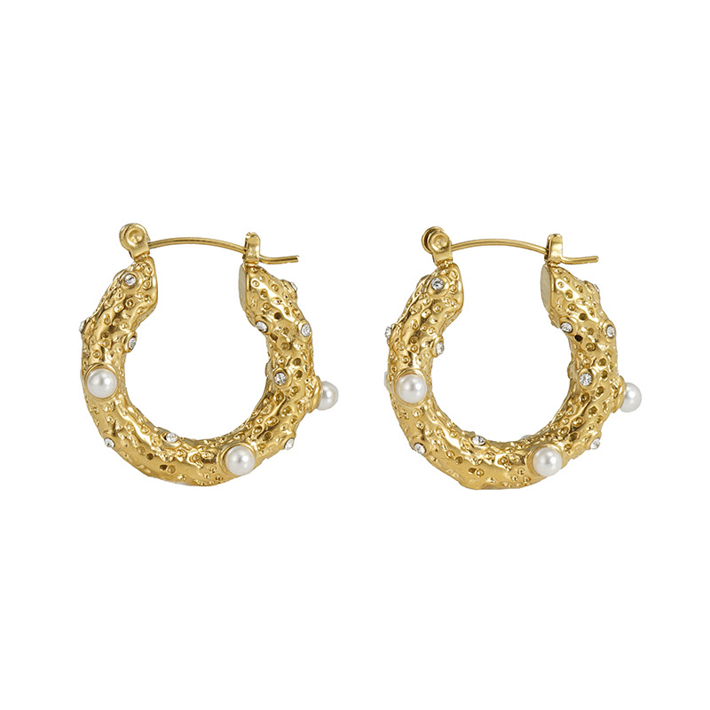 U Shape Earrings For Women With Inlay Artificial Pearl, 18K Gold Plated 304 Stainless Steel, PVD Coated 4