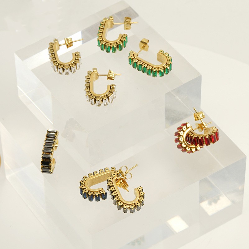 U Shape Earrings For Women, Waterproof Non Tarnish 304 Stainless Steel With 18K Gold Plated PVD Coating And Rhinestones Inlay