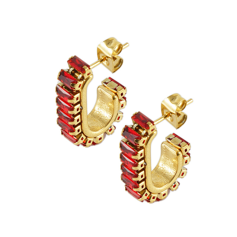U Shape Earrings For Women, Waterproof Non Tarnish 304 Stainless Steel With 18K Gold Plated PVD Coating And Rhinestones Inlay 2
