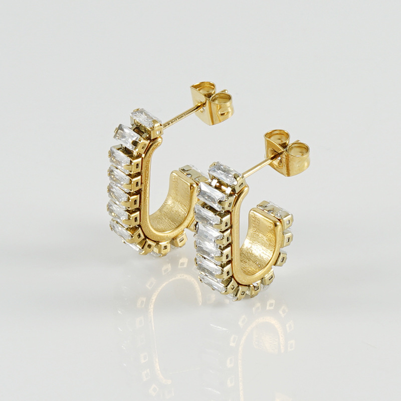 U Shape Earrings For Women, Waterproof Non Tarnish 304 Stainless Steel With 18K Gold Plated PVD Coating And Rhinestones Inlay 3
