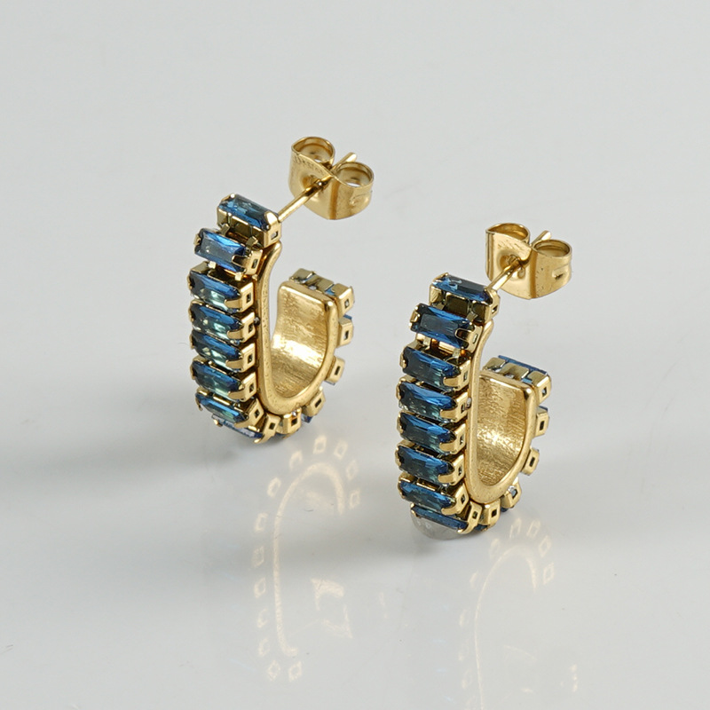 U Shape Earrings For Women, Waterproof Non Tarnish 304 Stainless Steel With 18K Gold Plated PVD Coating And Rhinestones Inlay 4