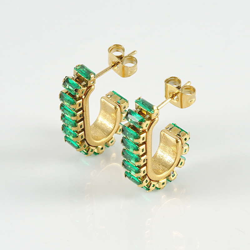U Shape Earrings For Women, Waterproof Non Tarnish 304 Stainless Steel With 18K Gold Plated PVD Coating And Rhinestones Inlay 5