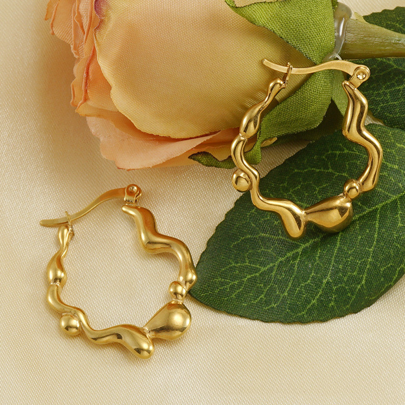 Waves Waterproof Non Tarnish Hoop Earrings For Women, 18K Gold Plated 304 Stainless Steel With PVD Coated Titanium Steel Inlay