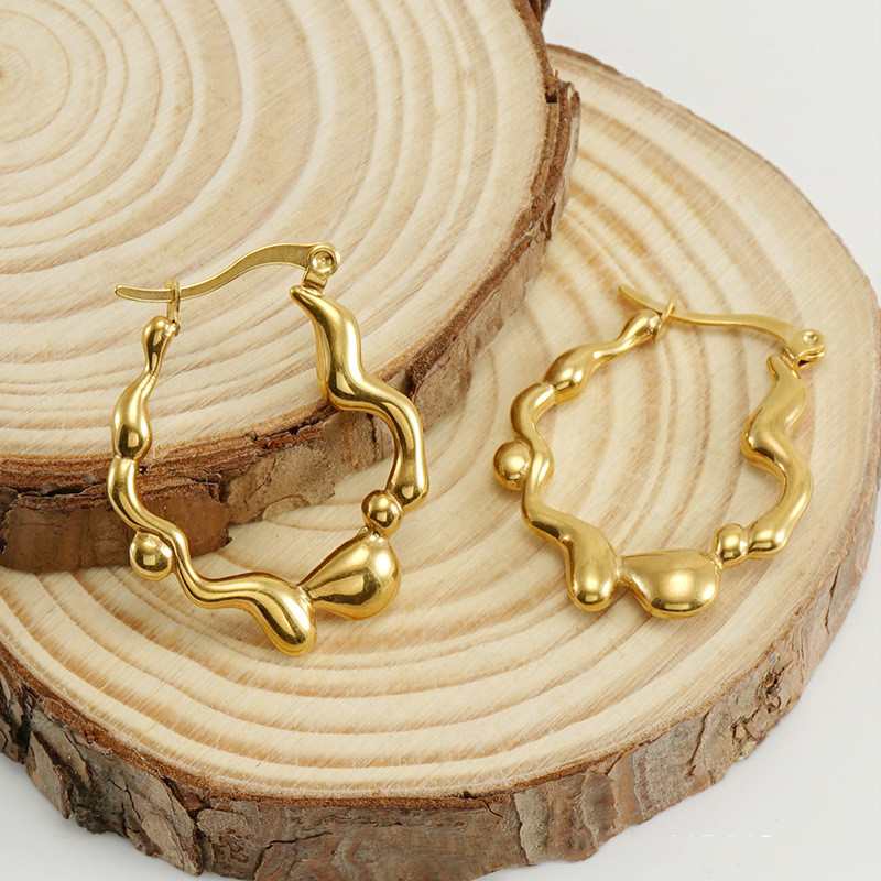 Waves Waterproof Non Tarnish Hoop Earrings For Women, 18K Gold Plated 304 Stainless Steel With PVD Coated Titanium Steel Inlay 2
