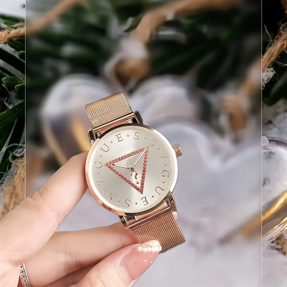 Alloy Women's Watch With Inverted Triangle Logo Letter Silver And Rose Gold Quartz Wristwatch Unisex