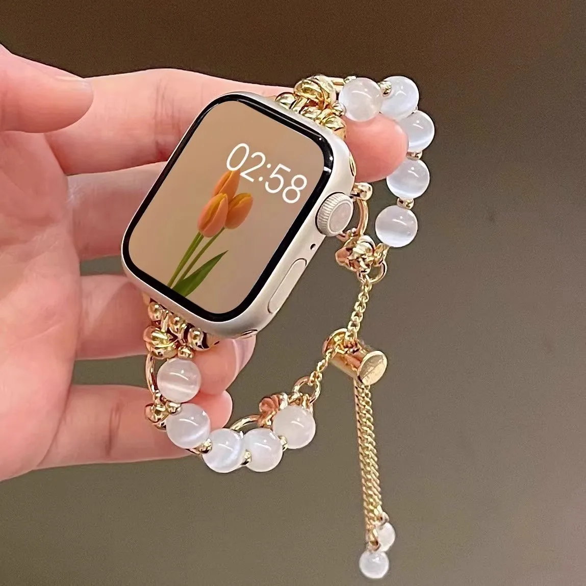 Princess Style Sweet Countryside Metal Bracelet For Apple Watch Cat's Eye Stone Bead Small Fragrance Style Women's Watch Band