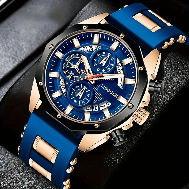 Men's Quartz Watch With Silicone Strap Date Display  Black Silver Blue And Rose Gold Colors