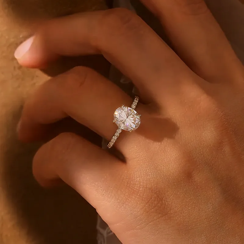 925 Silver Oval Diamond Ring For Women 5 Carat Closed High-end Luxury Heat Geometric Pattern Simple Style Electroplated 6
