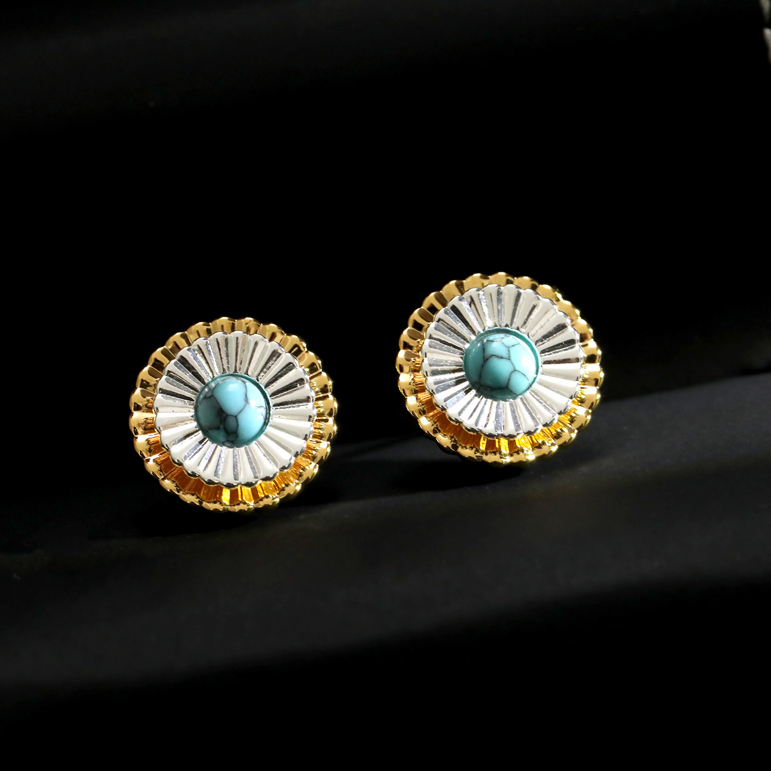 Flower Pattern Stud Earrings For Women Featuring December Birthstone Turquoise In 18K Gold