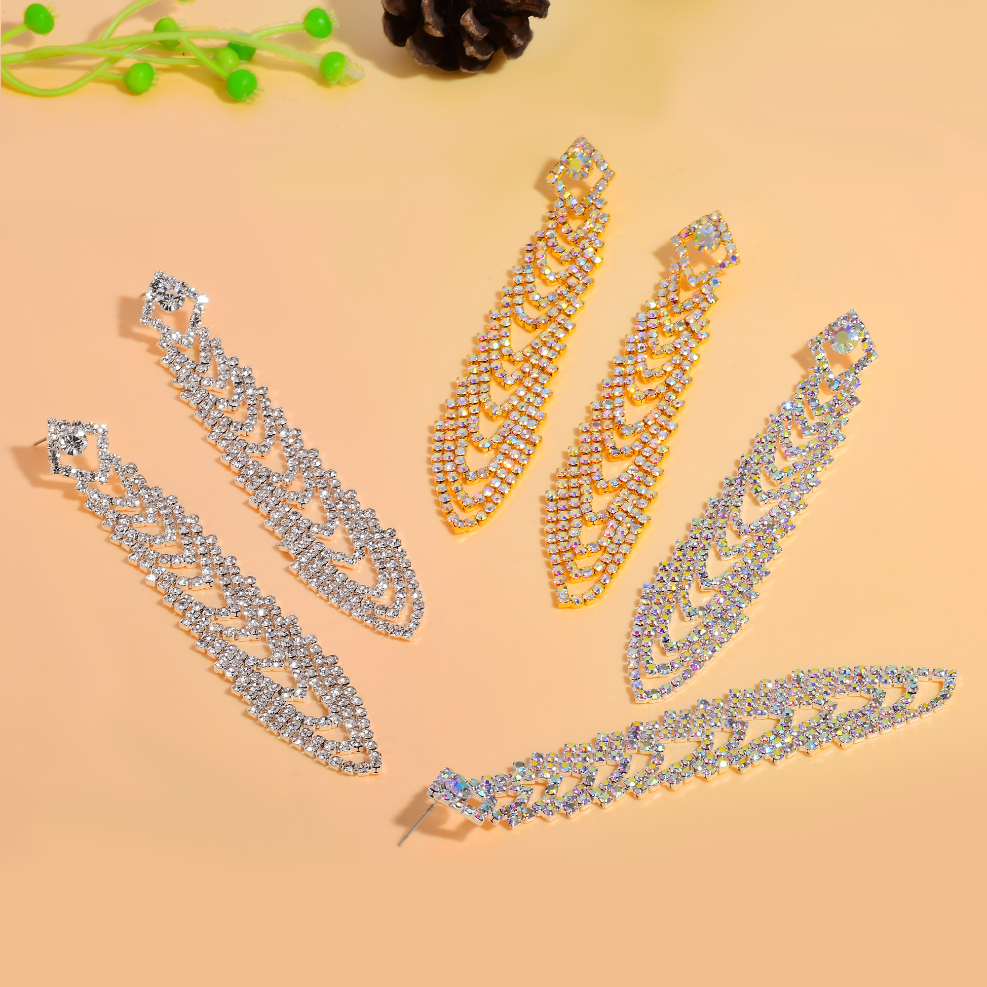 Flowers Claw Setting Earrings For Women In Copper With Water Plating And Rhinestone Inlay, Drop Earrings
