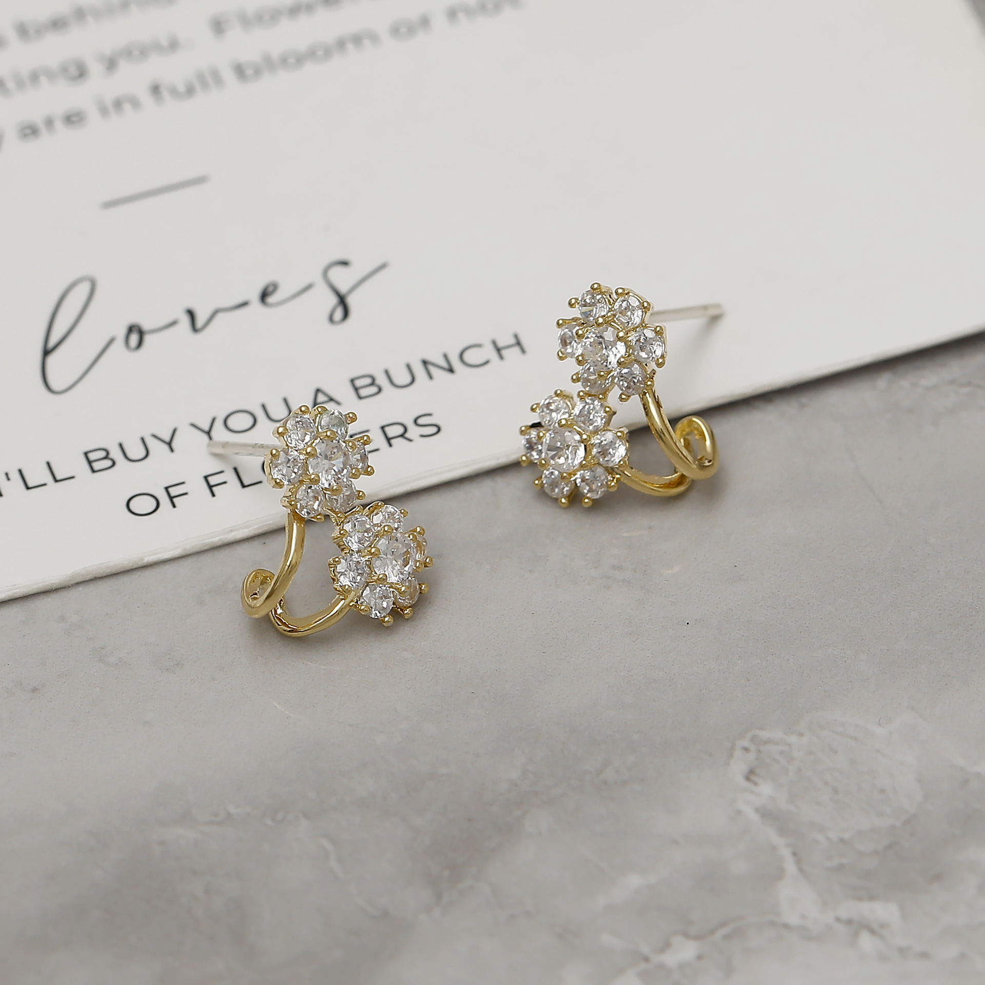 Flowers Stud Earrings With Bezel Setting In Copper Featuring 14K Real Gold Water Plating And Zircon Inlay, 0.03µm Thickness 4