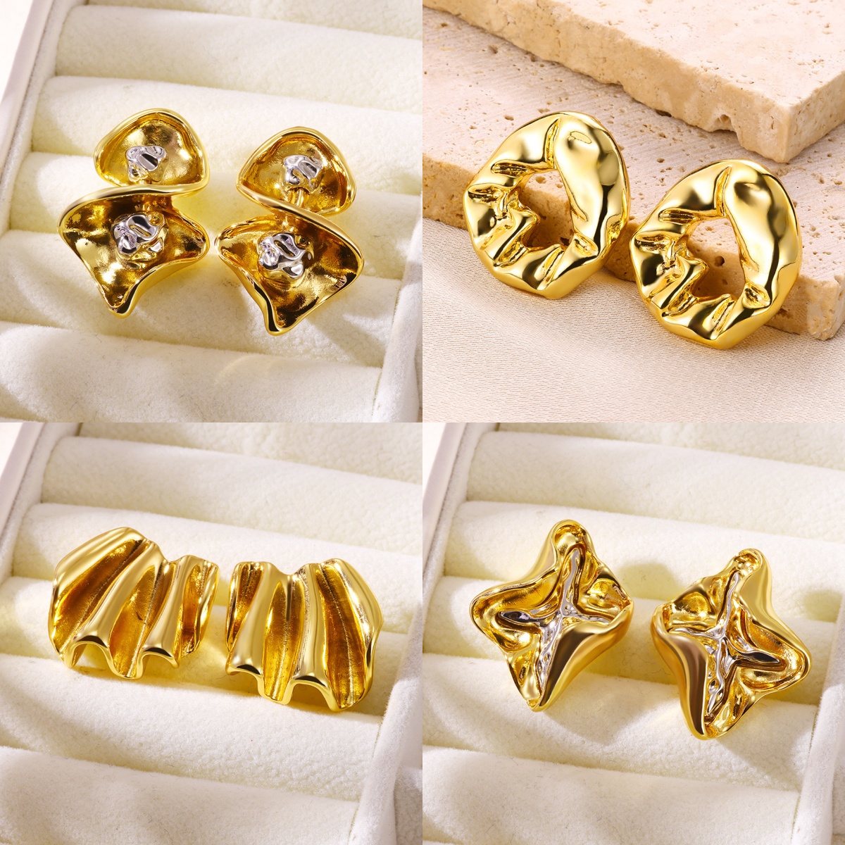 Folds Copper Stud Earrings With 18K Gold Plated PVD Coating, Zircon Inlay, Waterproof Non Tarnish, 0.03-0.05µm Thickness