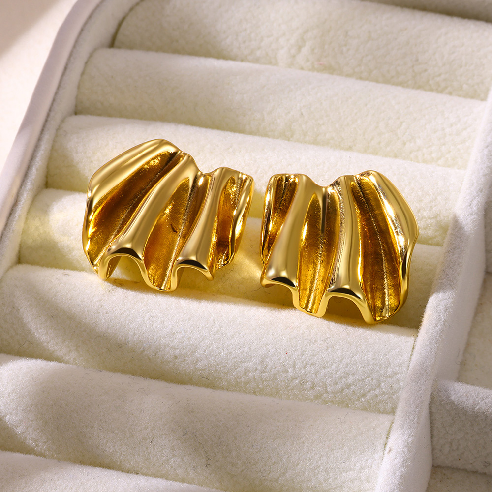 Folds Copper Stud Earrings With 18K Gold Plated PVD Coating, Zircon Inlay, Waterproof Non Tarnish, 0.03-0.05µm Thickness 4