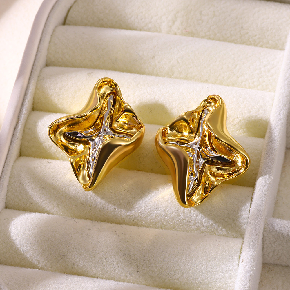 Folds Copper Stud Earrings With 18K Gold Plated PVD Coating, Zircon Inlay, Waterproof Non Tarnish, 0.03-0.05µm Thickness 7