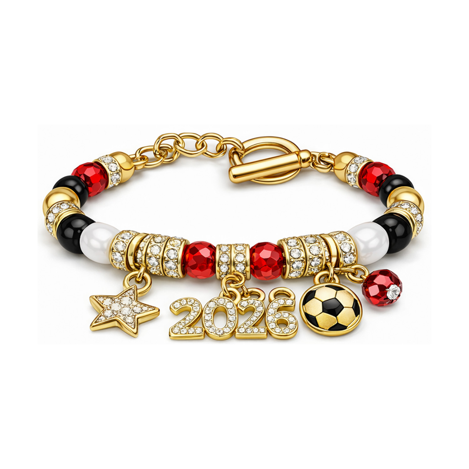 Unisex Football Beading Bracelet With Rhinestones And Gold Slider Chain