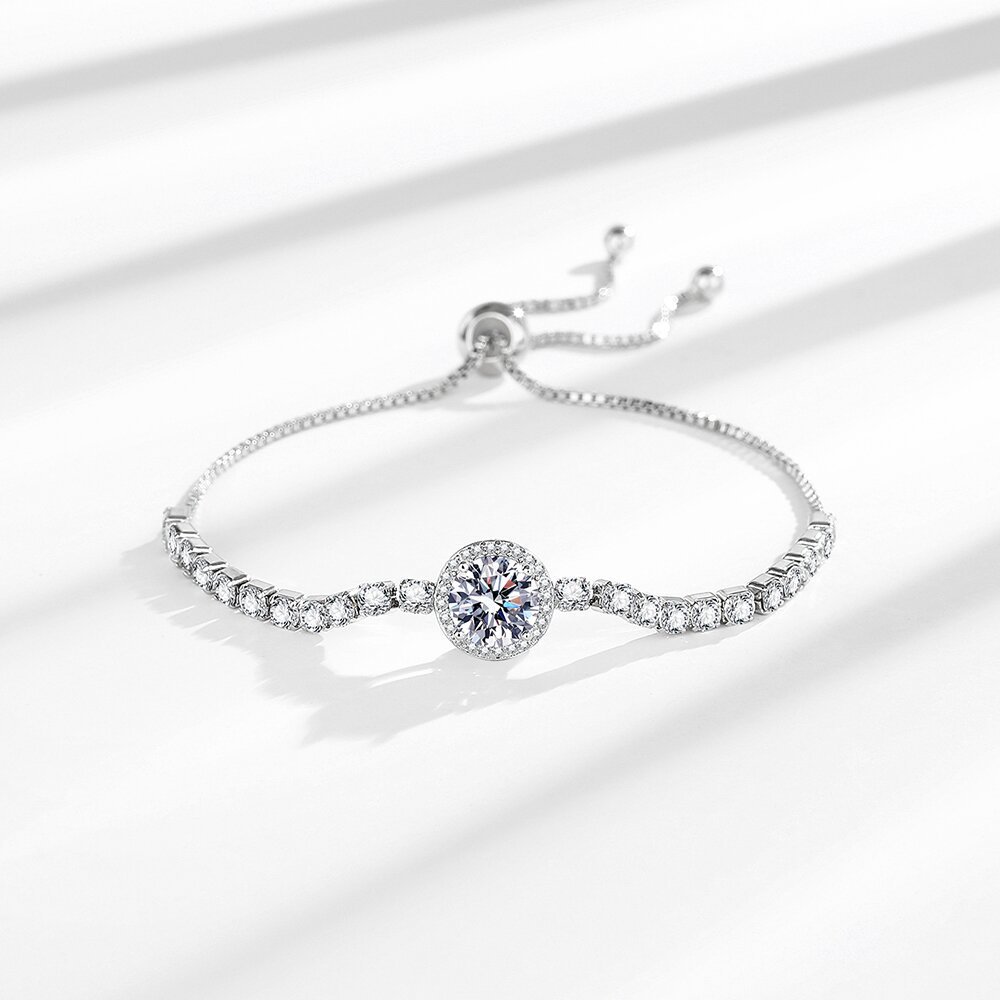 French Style Pull-Out Two Carat Round Zircon Moissanite Simulated Bracelet For Women Versatile Geometric Pattern Metal Jewelry
