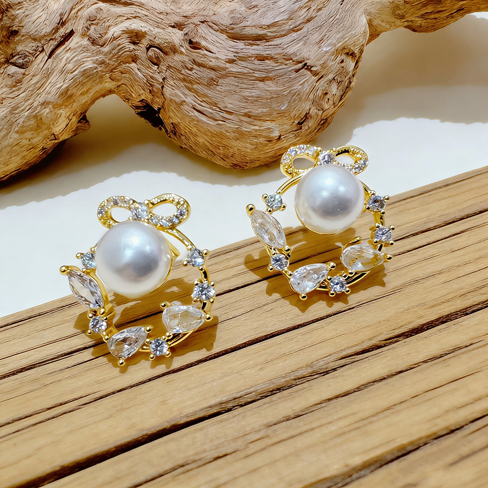 Garlands Stud Earrings For Women With Bezel Setting, Copper Material, Electroplated 16K Real Gold Plated, Featuring Zircon Inlay
