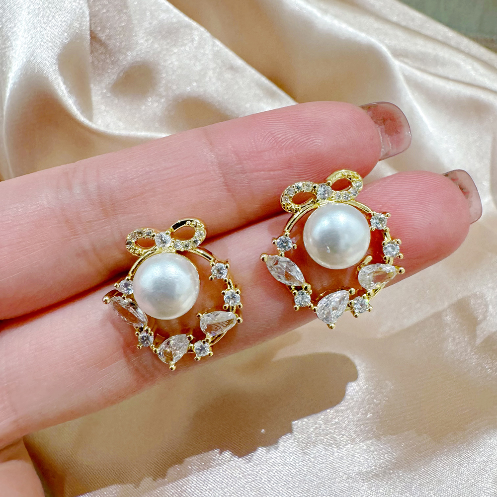 Garlands Stud Earrings For Women With Bezel Setting, Copper Material, Electroplated 16K Real Gold Plated, Featuring Zircon Inlay 2