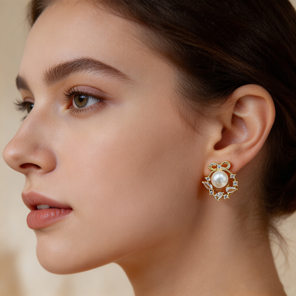 Garlands Stud Earrings For Women With Bezel Setting, Copper Material, Electroplated 16K Real Gold Plated, Featuring Zircon Inlay 3