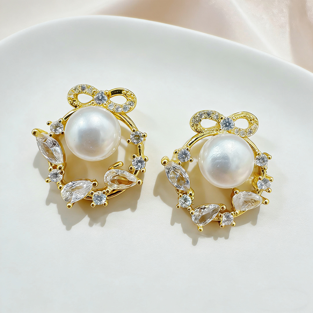 Garlands Stud Earrings For Women With Bezel Setting, Copper Material, Electroplated 16K Real Gold Plated, Featuring Zircon Inlay 6