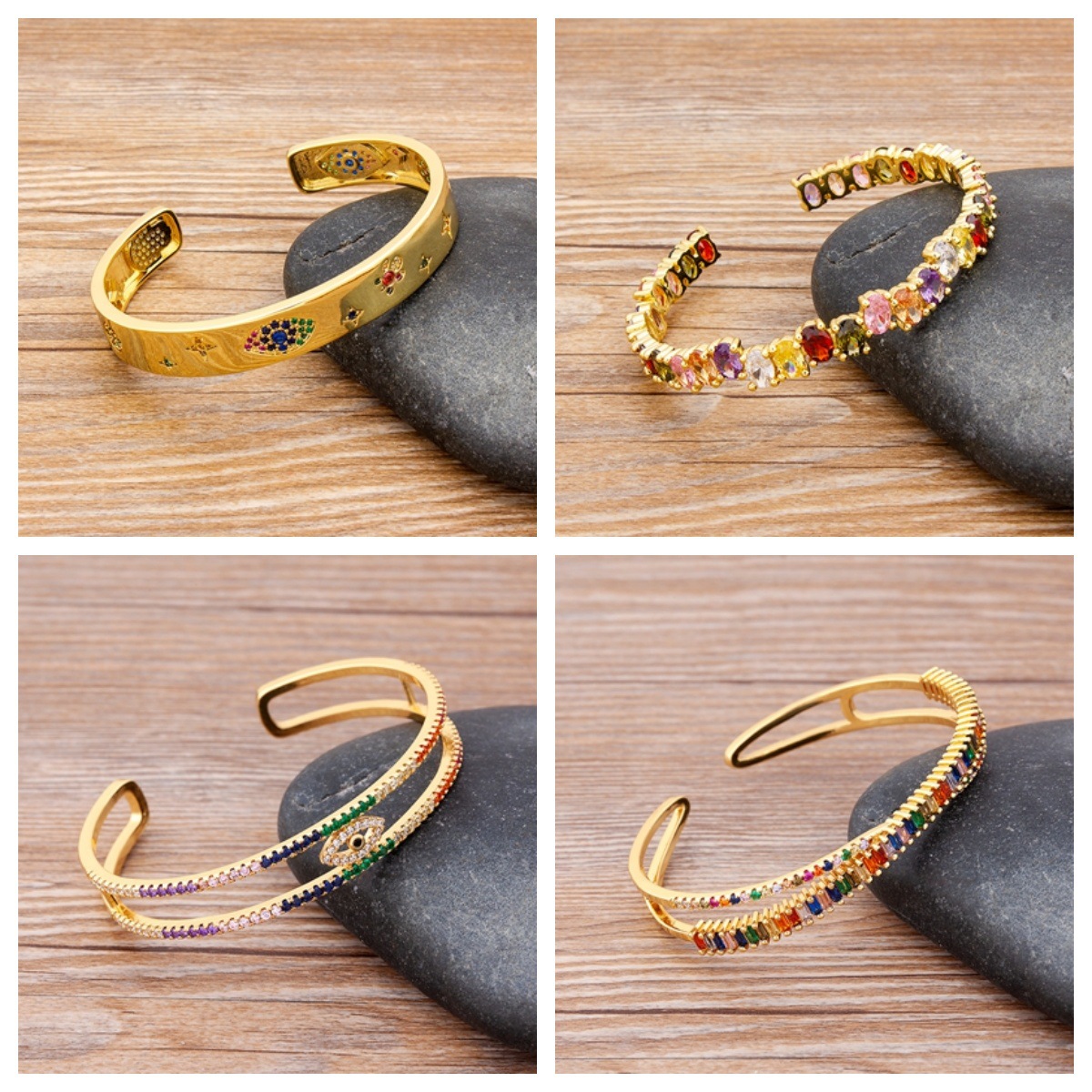 Luxurious Geometric Bangle In 18K Real Gold Plated Copper With Zirconia Inlay, Featuring Electroplated Finish