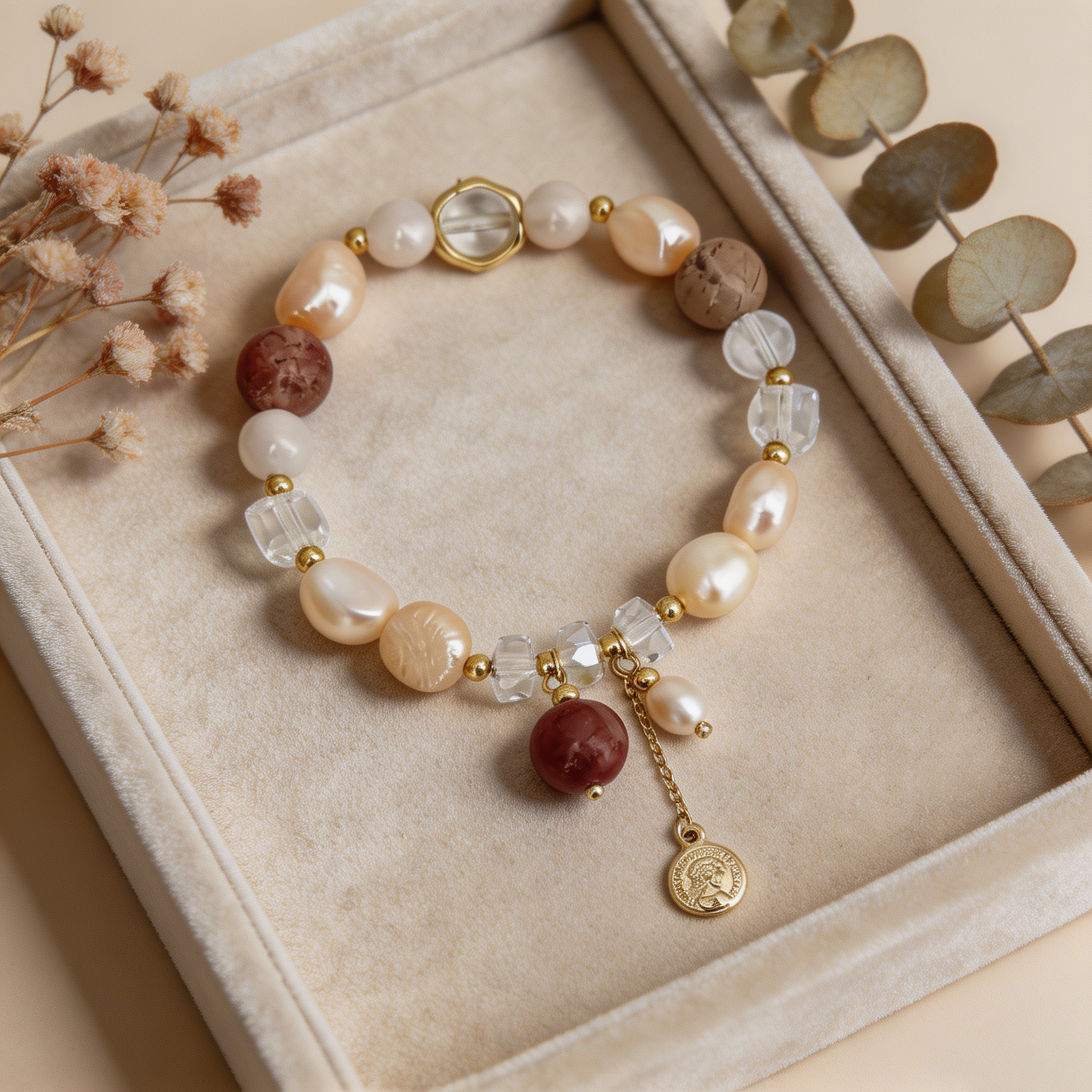 Geometric Beaded Bracelets For Women In Electroplated Golden Plated Copper With Artificial Crystal Inlay