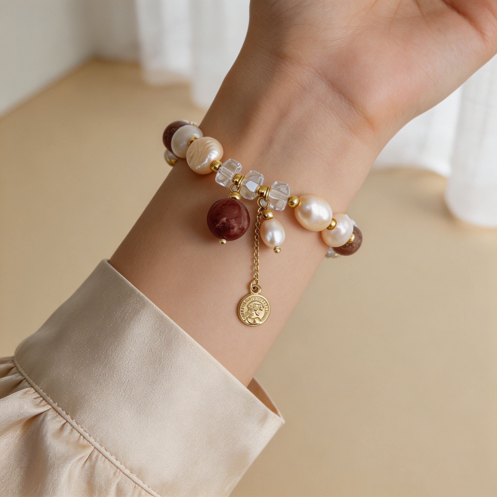 Geometric Beaded Bracelets For Women In Electroplated Golden Plated Copper With Artificial Crystal Inlay 5