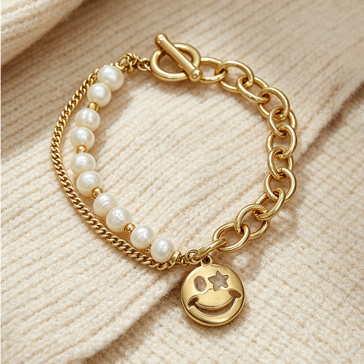 Geometric Beading Bracelet For Women In Copper With Electroplated Gold Plating And Freshwater Pearl Inlay, Handmade Chain