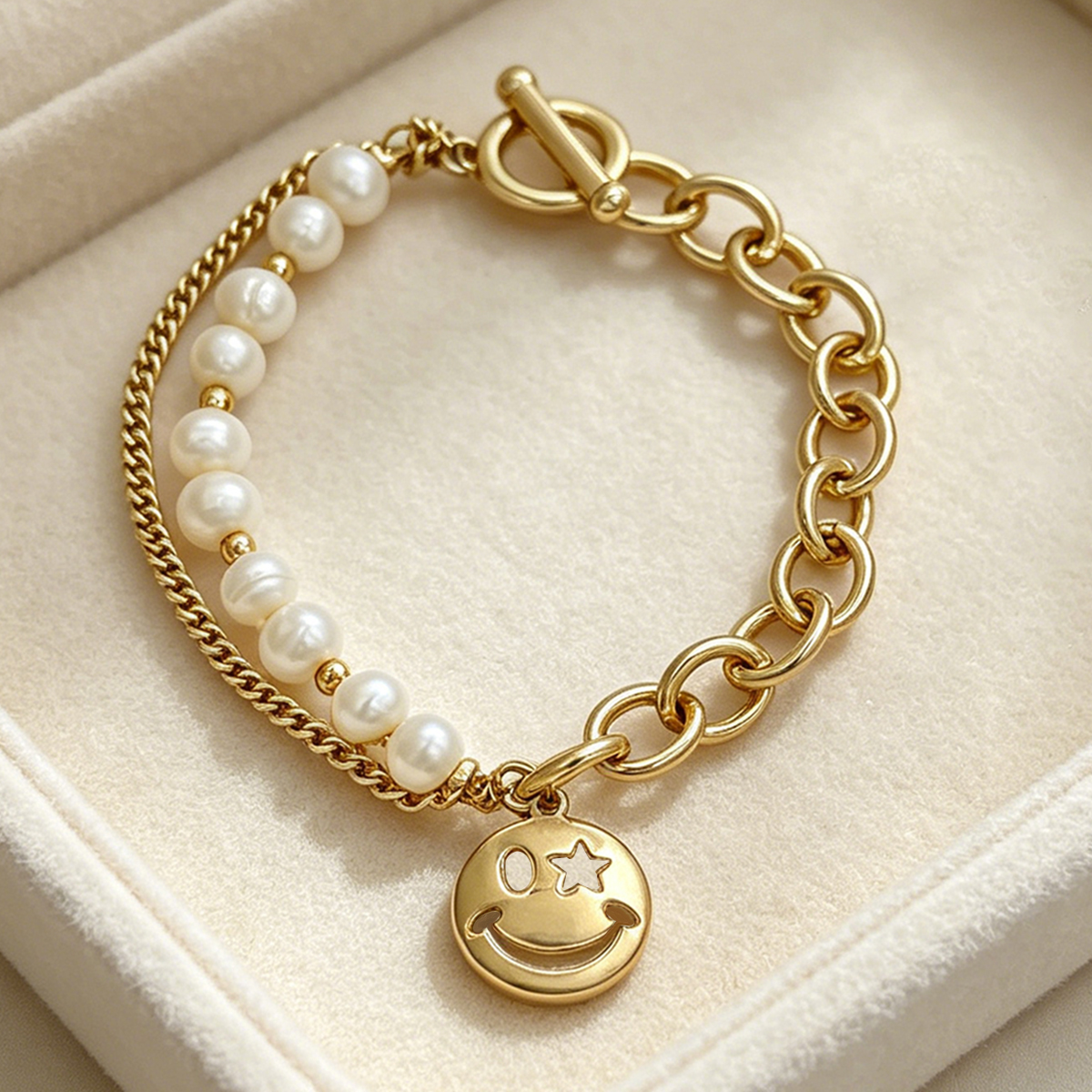 Geometric Beading Bracelet For Women In Copper With Electroplated Gold Plating And Freshwater Pearl Inlay, Handmade Chain 4