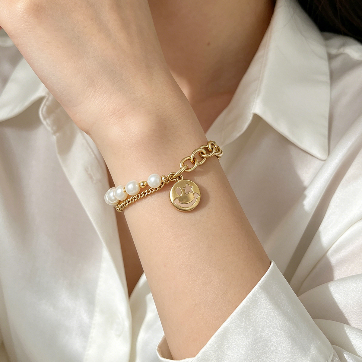 Geometric Beading Bracelet For Women In Copper With Electroplated Gold Plating And Freshwater Pearl Inlay, Handmade Chain 6