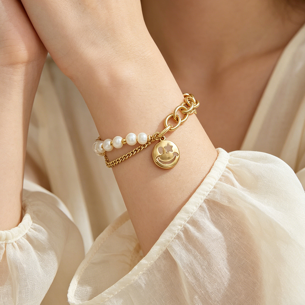 Geometric Beading Bracelet For Women In Copper With Electroplated Gold Plating And Freshwater Pearl Inlay, Handmade Chain 7