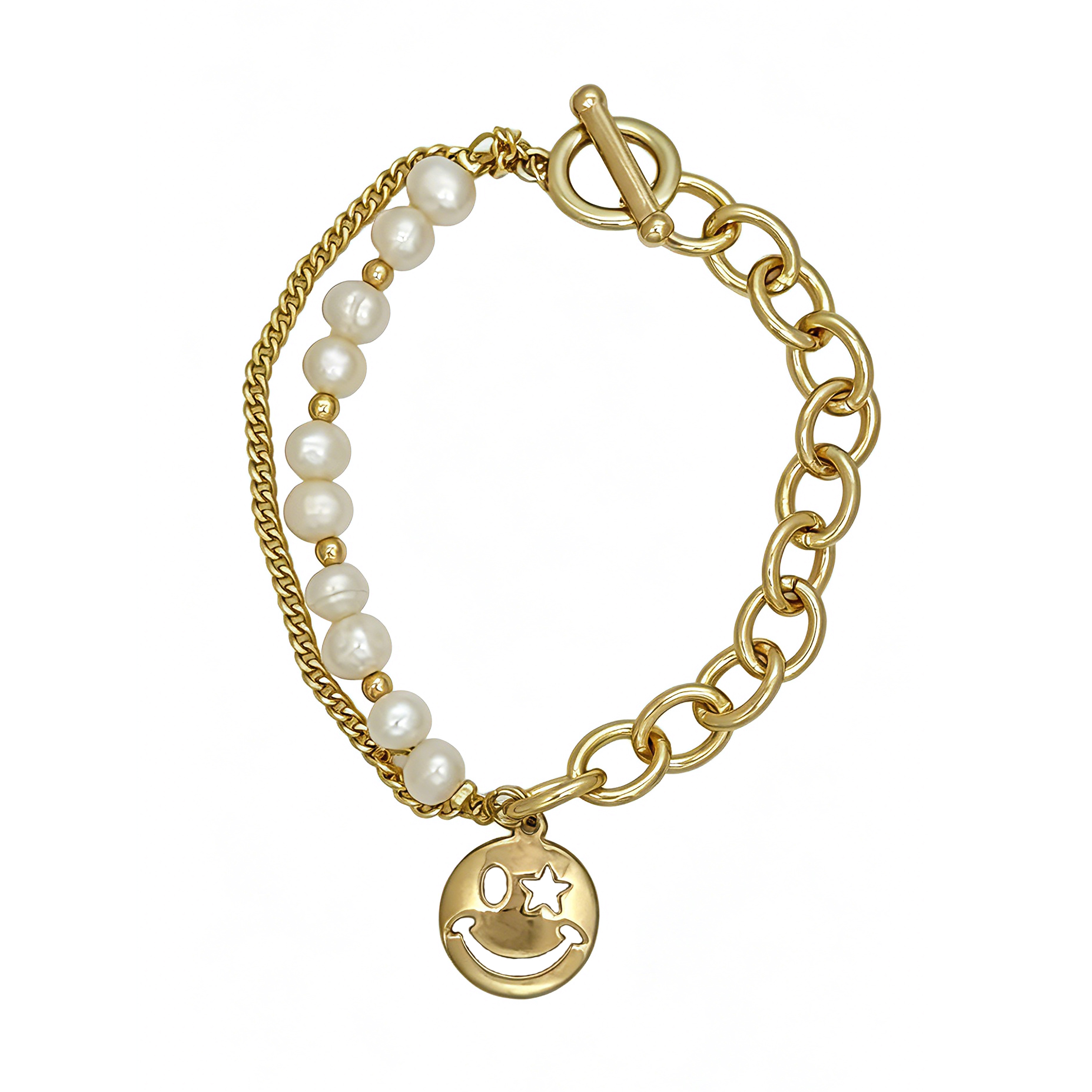 Geometric Beading Bracelet For Women In Copper With Electroplated Gold Plating And Freshwater Pearl Inlay, Handmade Chain 8