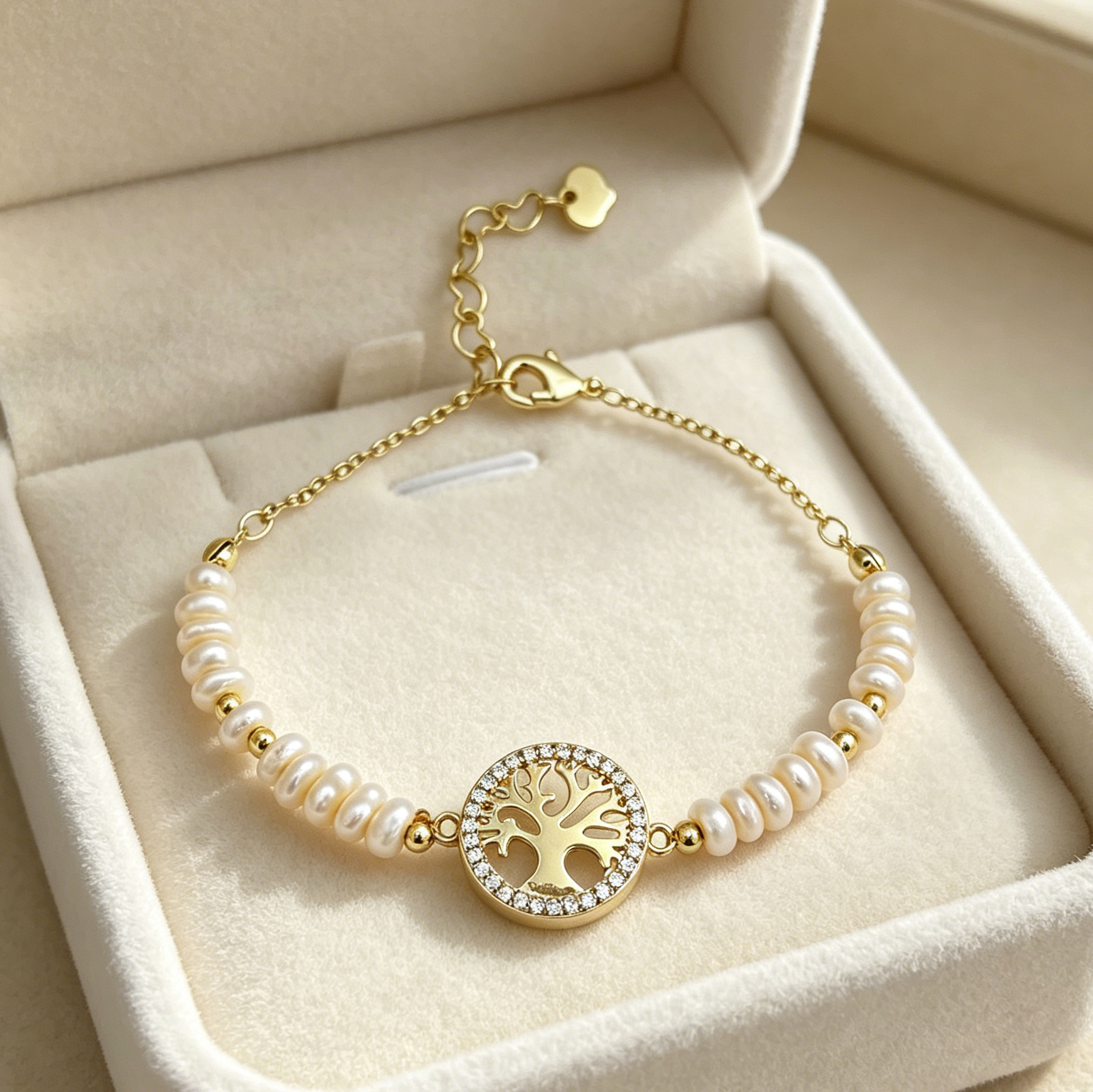 Geometric Beading Bracelet For Women In Golden Plated Copper With Electroplated Finish And Freshwater Pearl Inlay