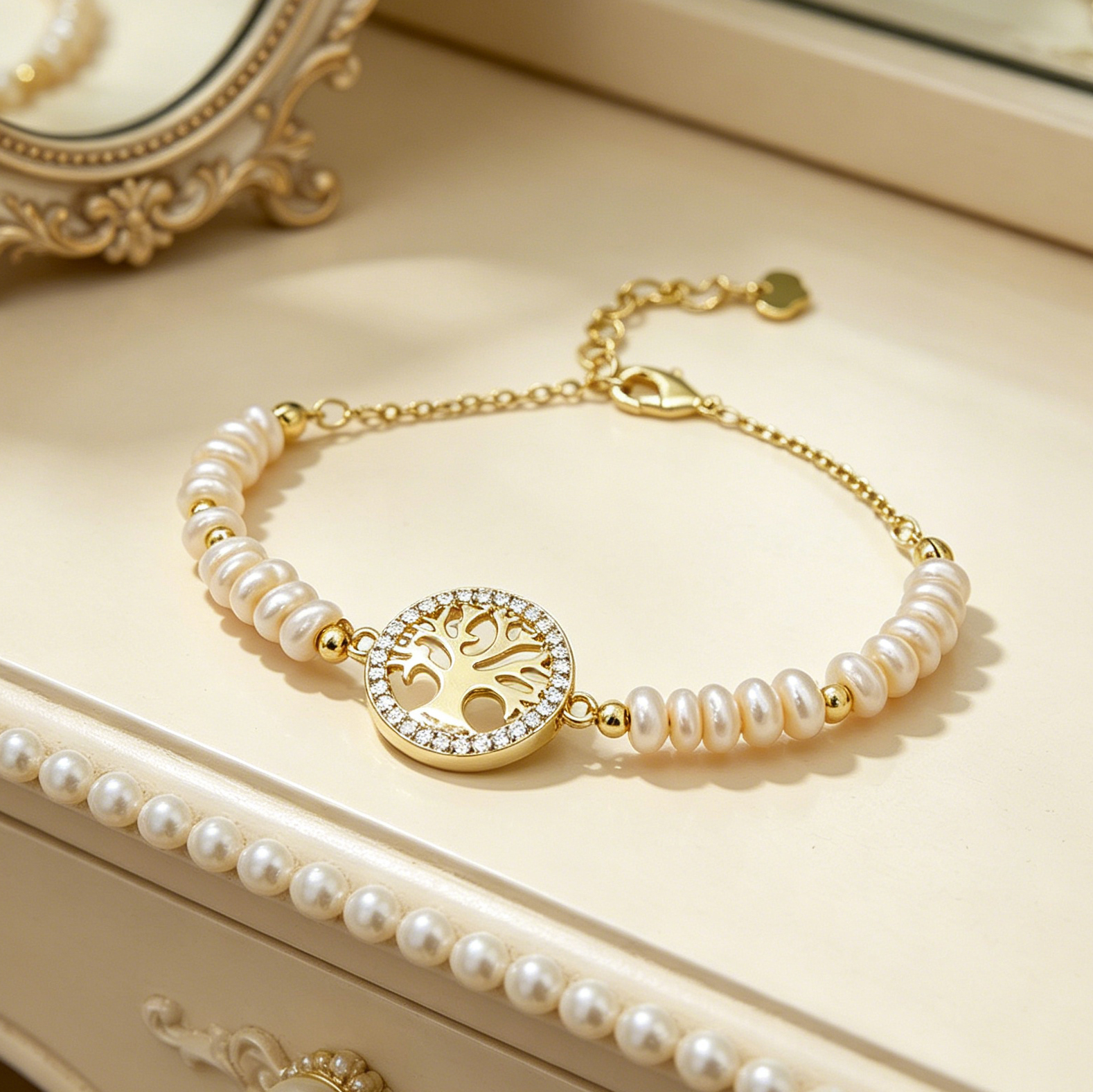 Geometric Beading Bracelet For Women In Golden Plated Copper With Electroplated Finish And Freshwater Pearl Inlay 3