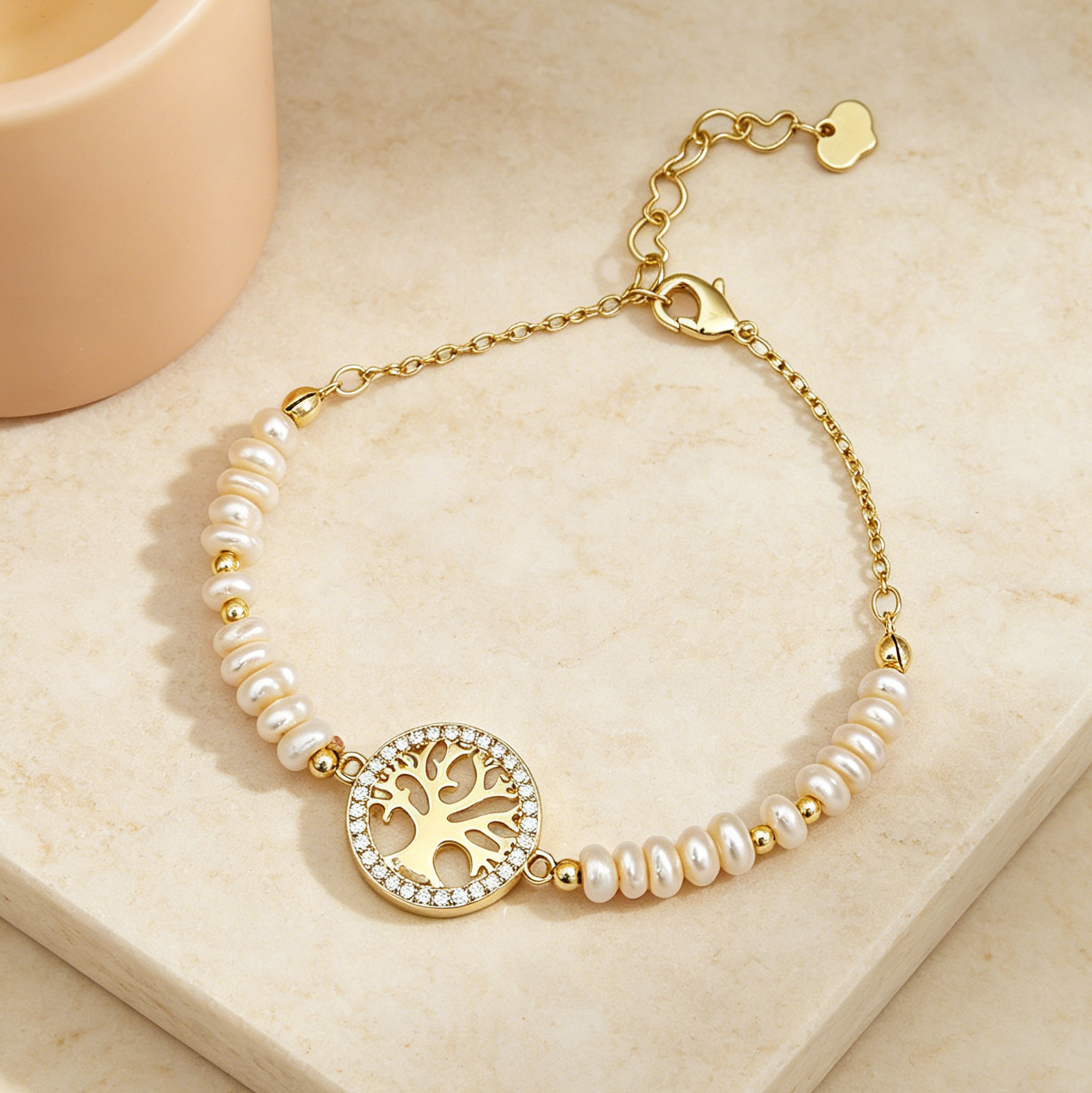 Geometric Beading Bracelet For Women In Golden Plated Copper With Electroplated Finish And Freshwater Pearl Inlay 4