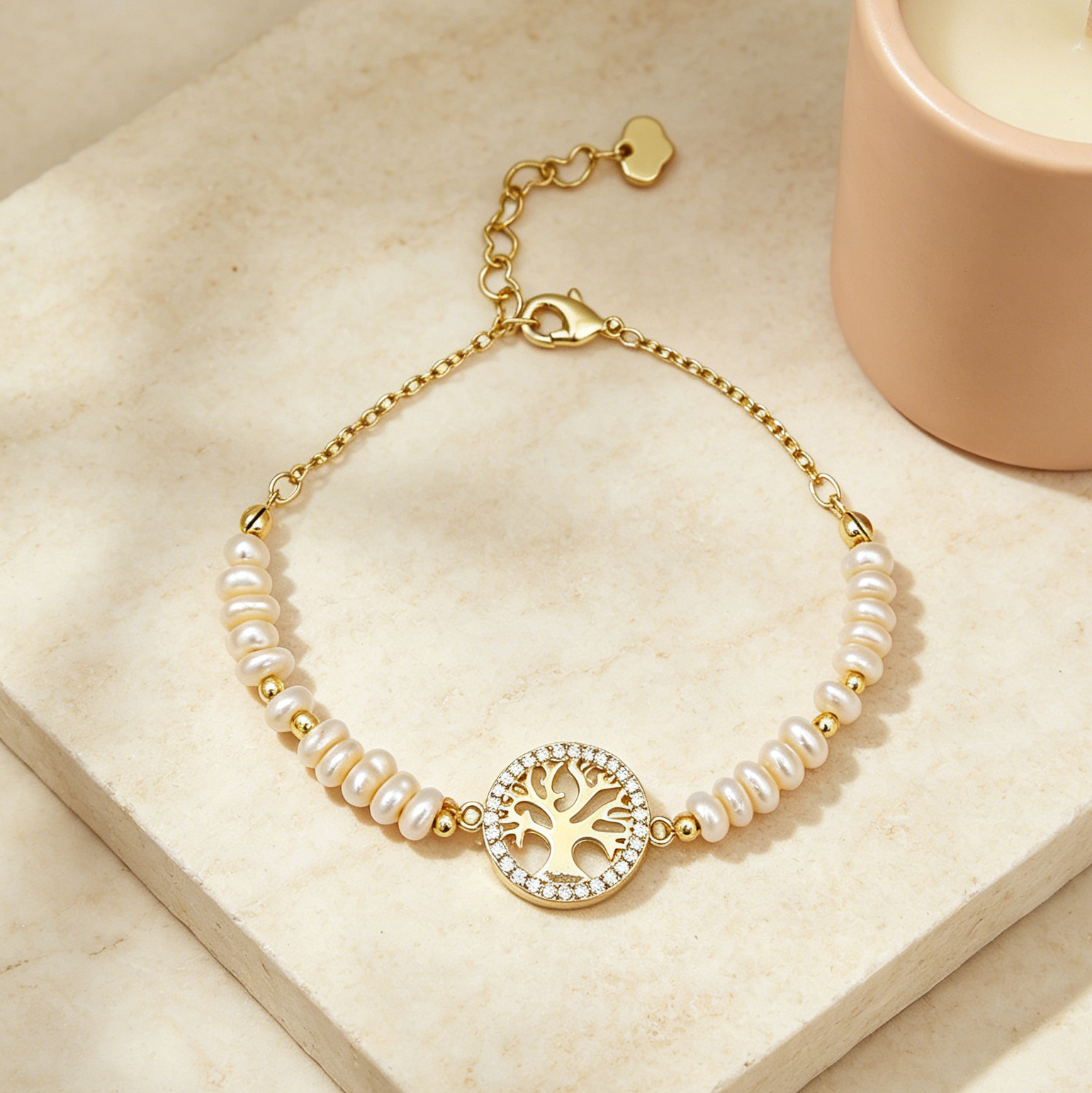 Geometric Beading Bracelet For Women In Golden Plated Copper With Electroplated Finish And Freshwater Pearl Inlay 5