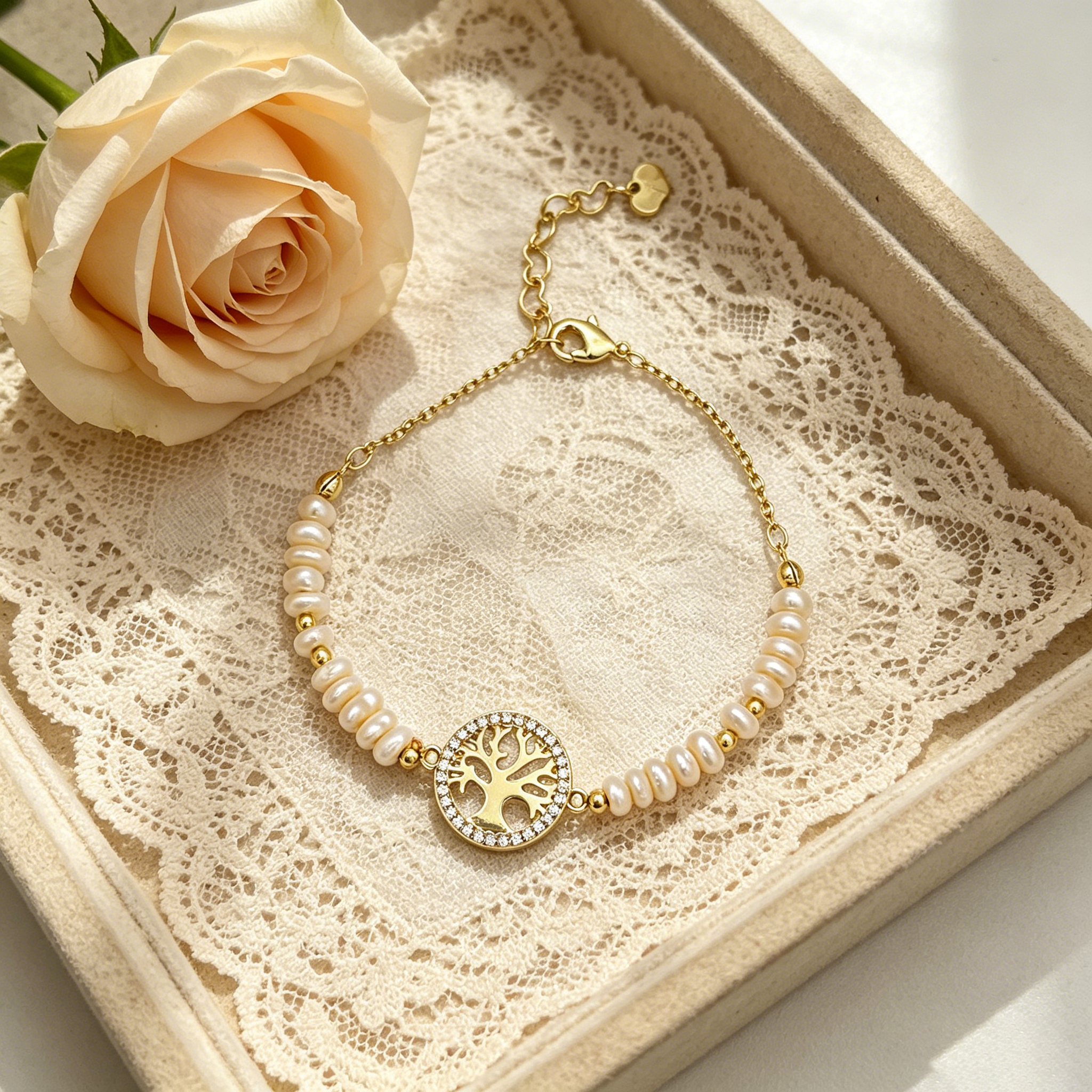 Geometric Beading Bracelet For Women In Golden Plated Copper With Electroplated Finish And Freshwater Pearl Inlay 6