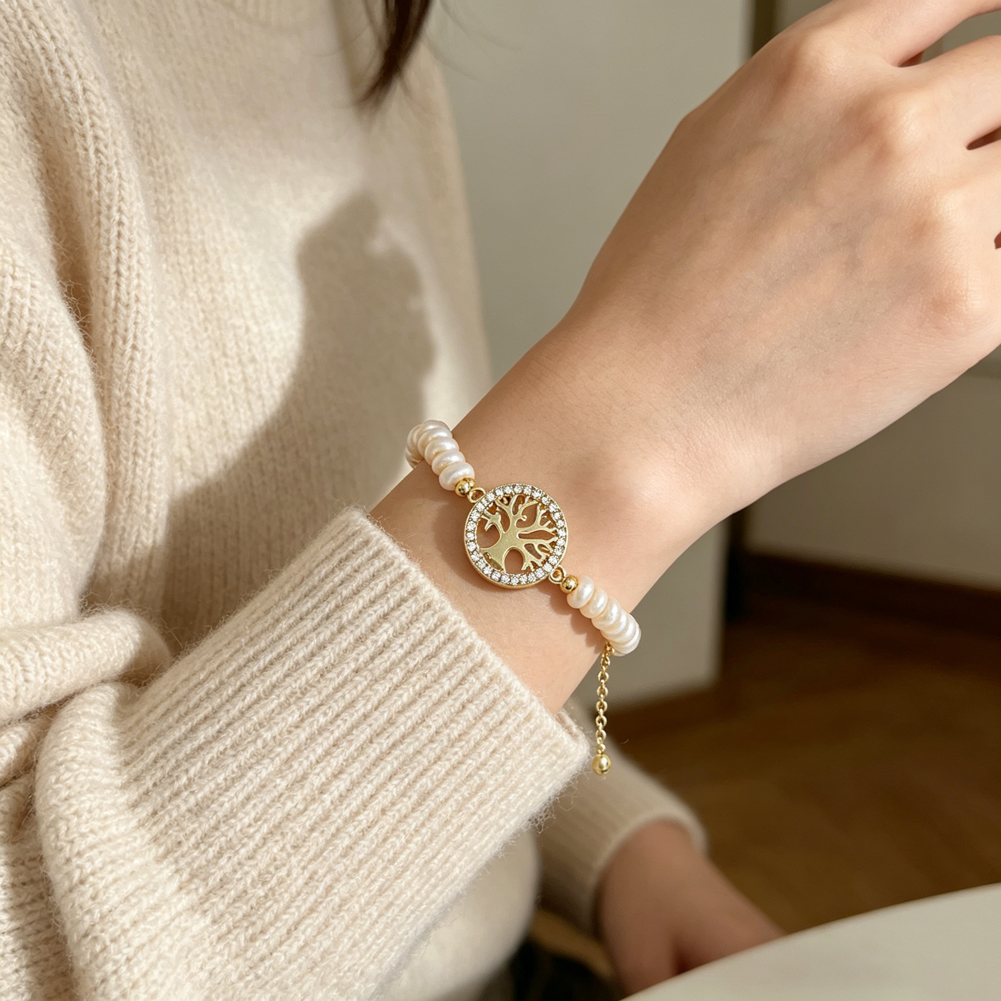 Geometric Beading Bracelet For Women In Golden Plated Copper With Electroplated Finish And Freshwater Pearl Inlay 8
