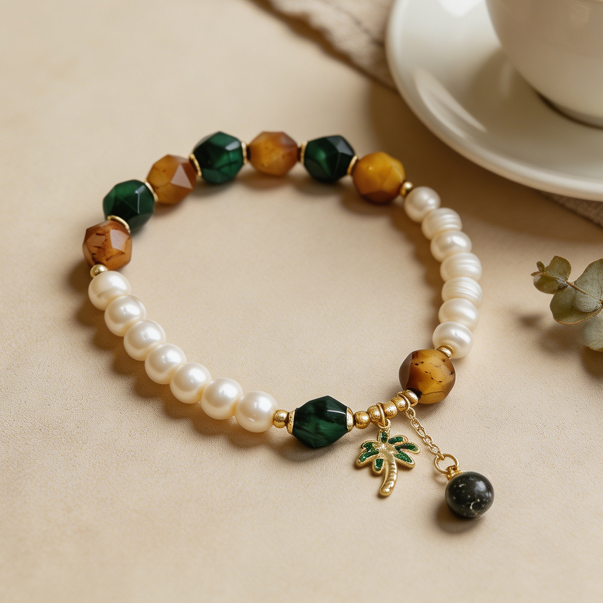 Geometric Beading Bracelet For Women In Golden Plated Copper With Freshwater Pearl Inlay, Electroplated Finish