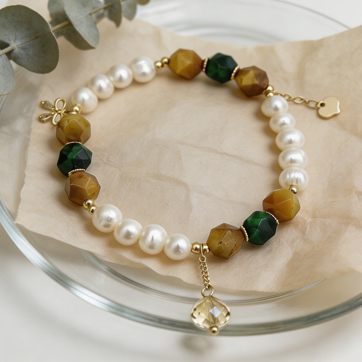 Geometric Beading Bracelet For Women In Golden Plated Copper With Freshwater Pearl Inlay, Electroplated Finish 4