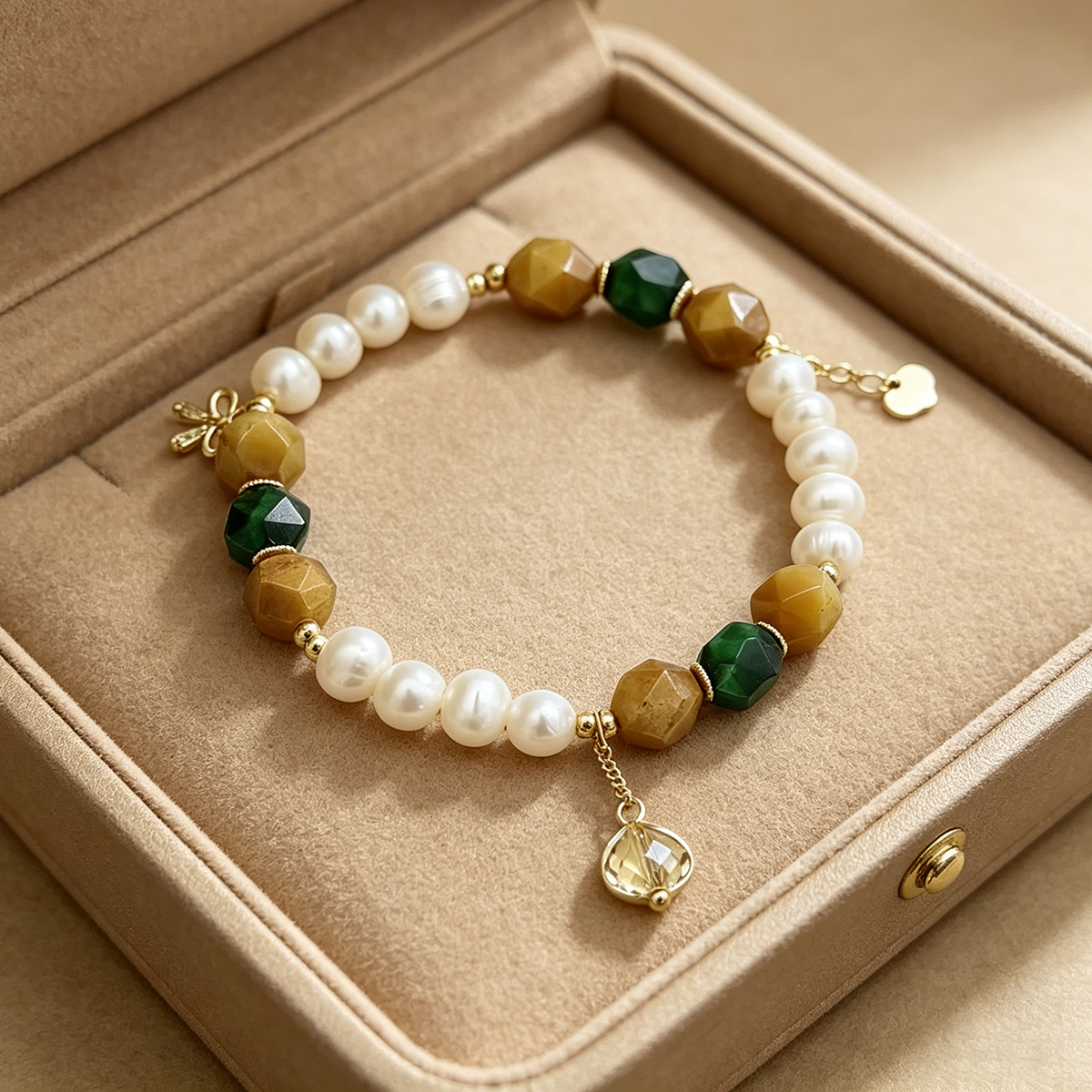 Geometric Beading Bracelet For Women In Golden Plated Copper With Freshwater Pearl Inlay, Electroplated Finish 5