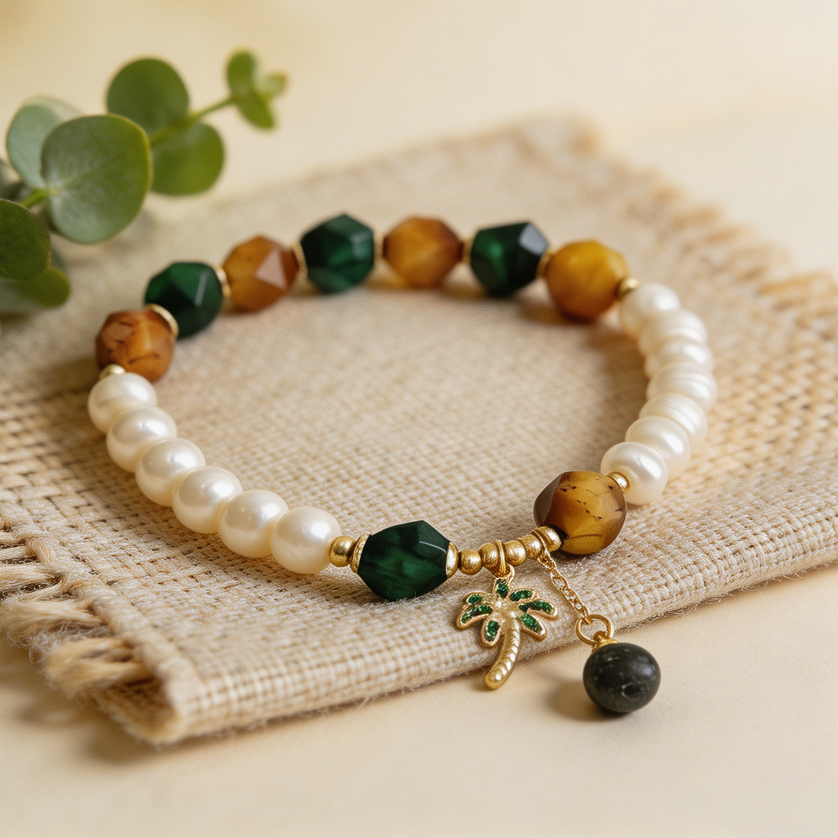 Geometric Beading Bracelet For Women In Golden Plated Copper With Freshwater Pearl Inlay, Electroplated Finish 6