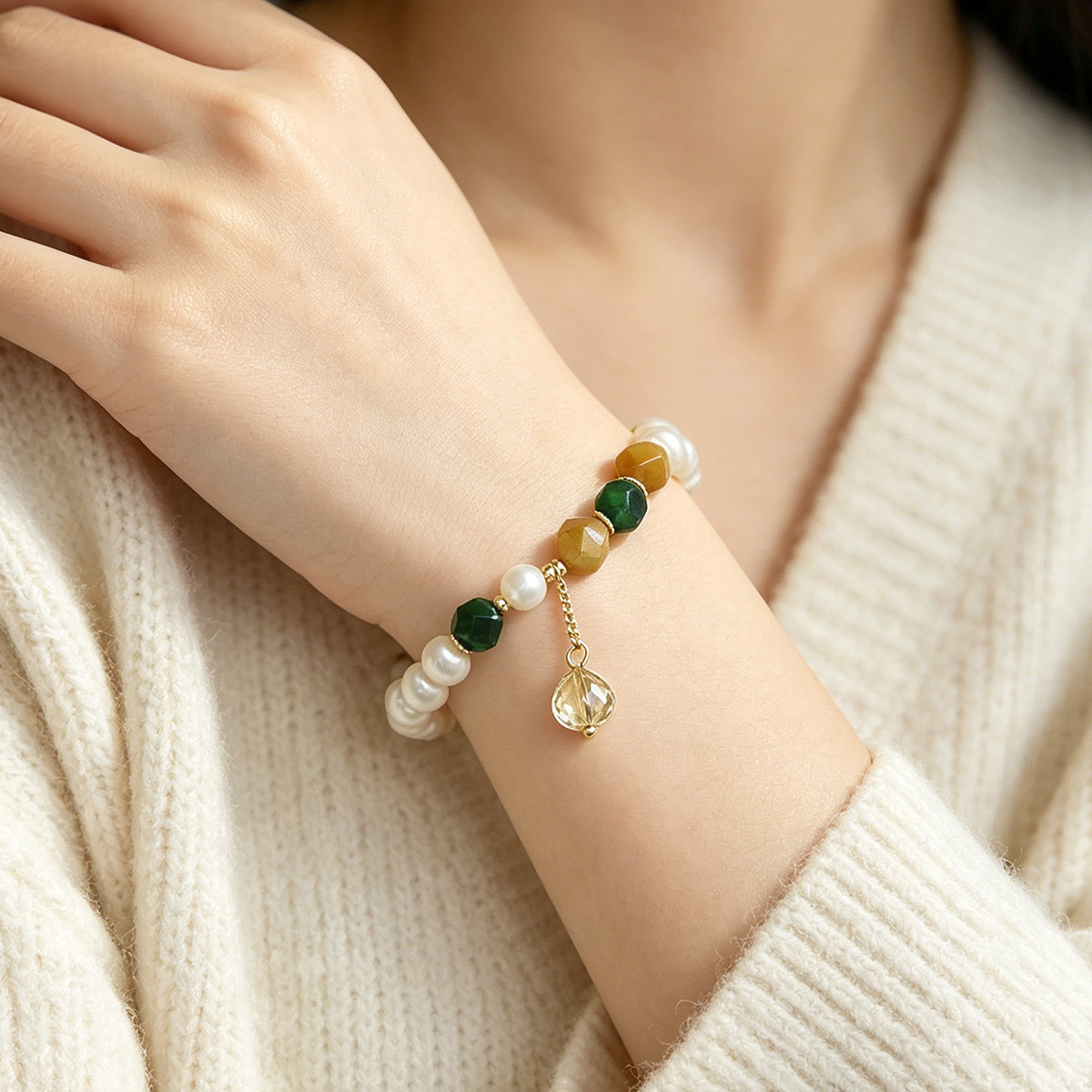 Geometric Beading Bracelet For Women In Golden Plated Copper With Freshwater Pearl Inlay, Electroplated Finish 7